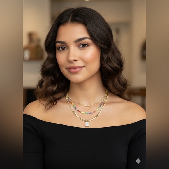 Pretty Bird Jewelry Jewelry - New 18K Gold Plated and Multicolor CZ Stones Two-Layer Necklace.